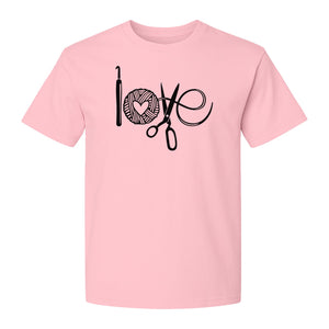Crochet T-Shirt, Yarn Ball Heart and Scissors Graphic for Knitters and Fiber Crafters