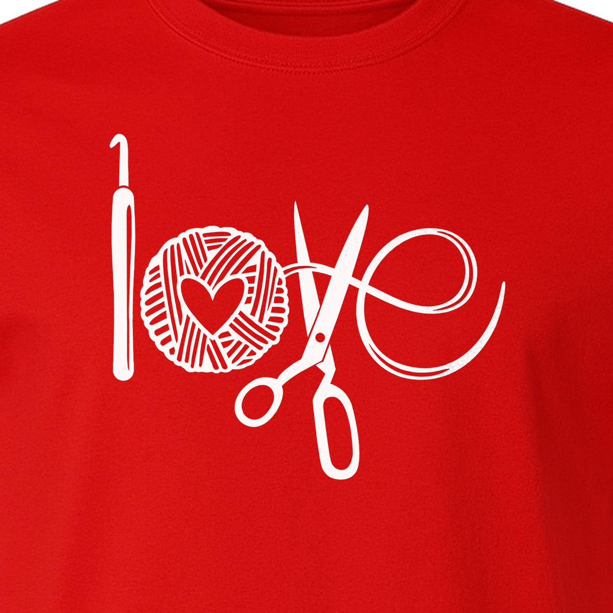 Crochet T-Shirt, Yarn Ball Heart and Scissors Graphic for Knitters and Fiber Crafters