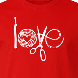 Crochet T-Shirt, Yarn Ball Heart and Scissors Graphic for Knitters and Fiber Crafters