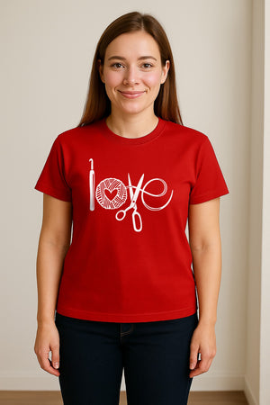 Crochet T-Shirt, Yarn Ball Heart and Scissors Graphic for Knitters and Fiber Crafters