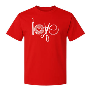 Crochet T-Shirt, Yarn Ball Heart and Scissors Graphic for Knitters and Fiber Crafters