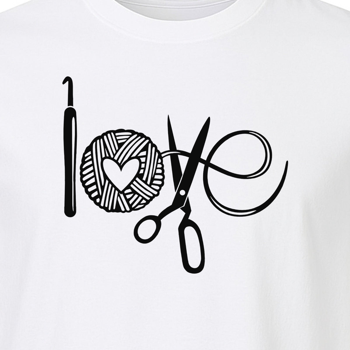 Crochet T-Shirt, Yarn Ball Heart and Scissors Graphic for Knitters and Fiber Crafters