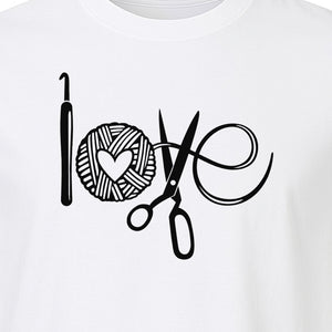 Crochet T-Shirt, Yarn Ball Heart and Scissors Graphic for Knitters and Fiber Crafters