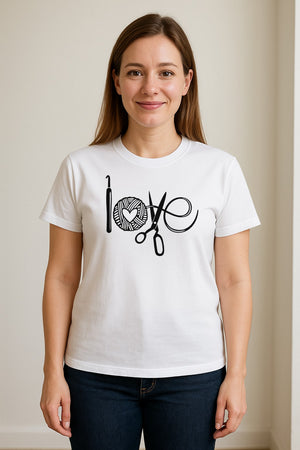 Crochet T-Shirt, Yarn Ball Heart and Scissors Graphic for Knitters and Fiber Crafters
