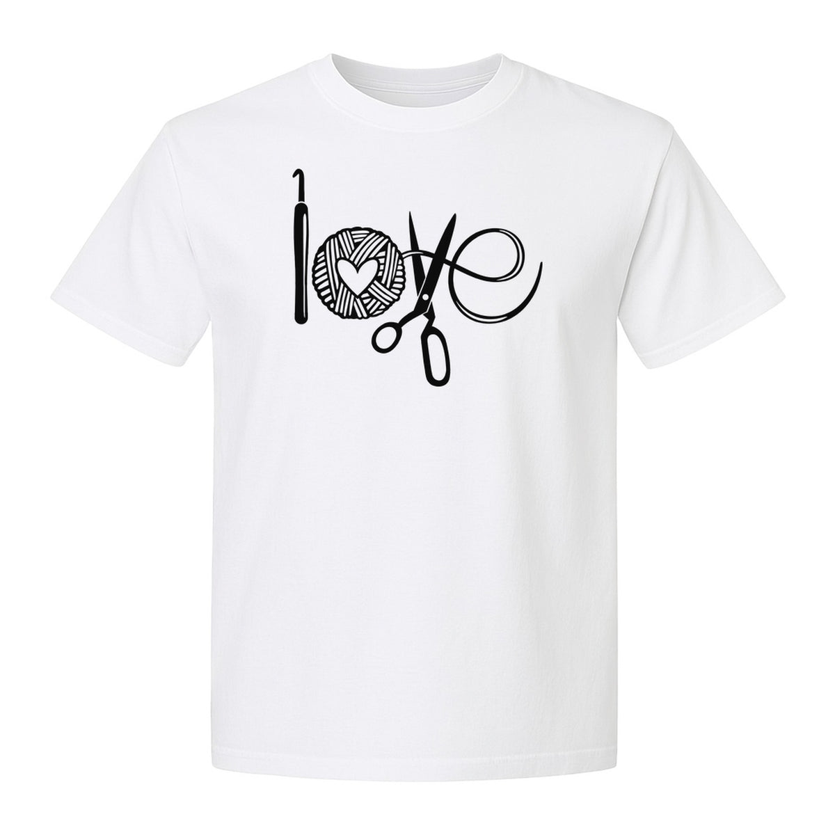 Crochet T-Shirt, Yarn Ball Heart and Scissors Graphic for Knitters and Fiber Crafters