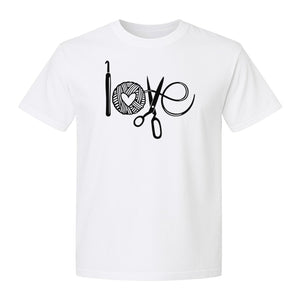 Crochet T-Shirt, Yarn Ball Heart and Scissors Graphic for Knitters and Fiber Crafters
