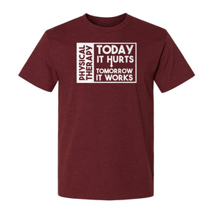 Physical Therapy T-Shirt, Today It Hurts Tomorrow It Works Funny PT Design for Therapists and Rehab Clinicians