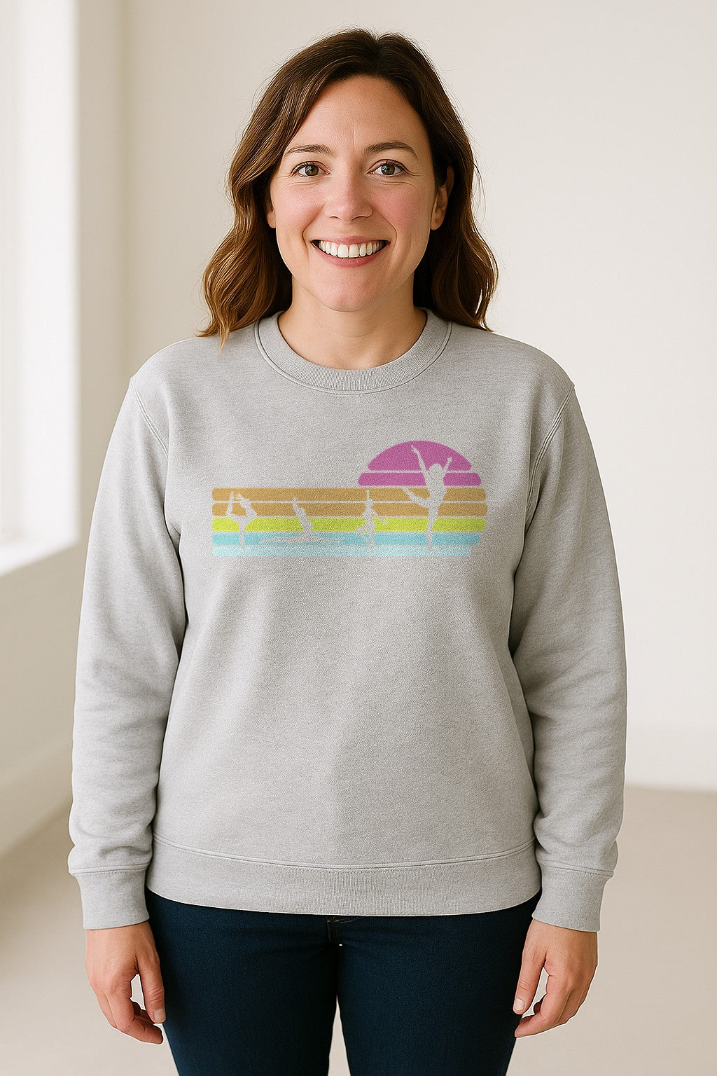 Gymnastics Sweatshirt, Retro Sunset Silhouette Design for Gymnasts and Coaches