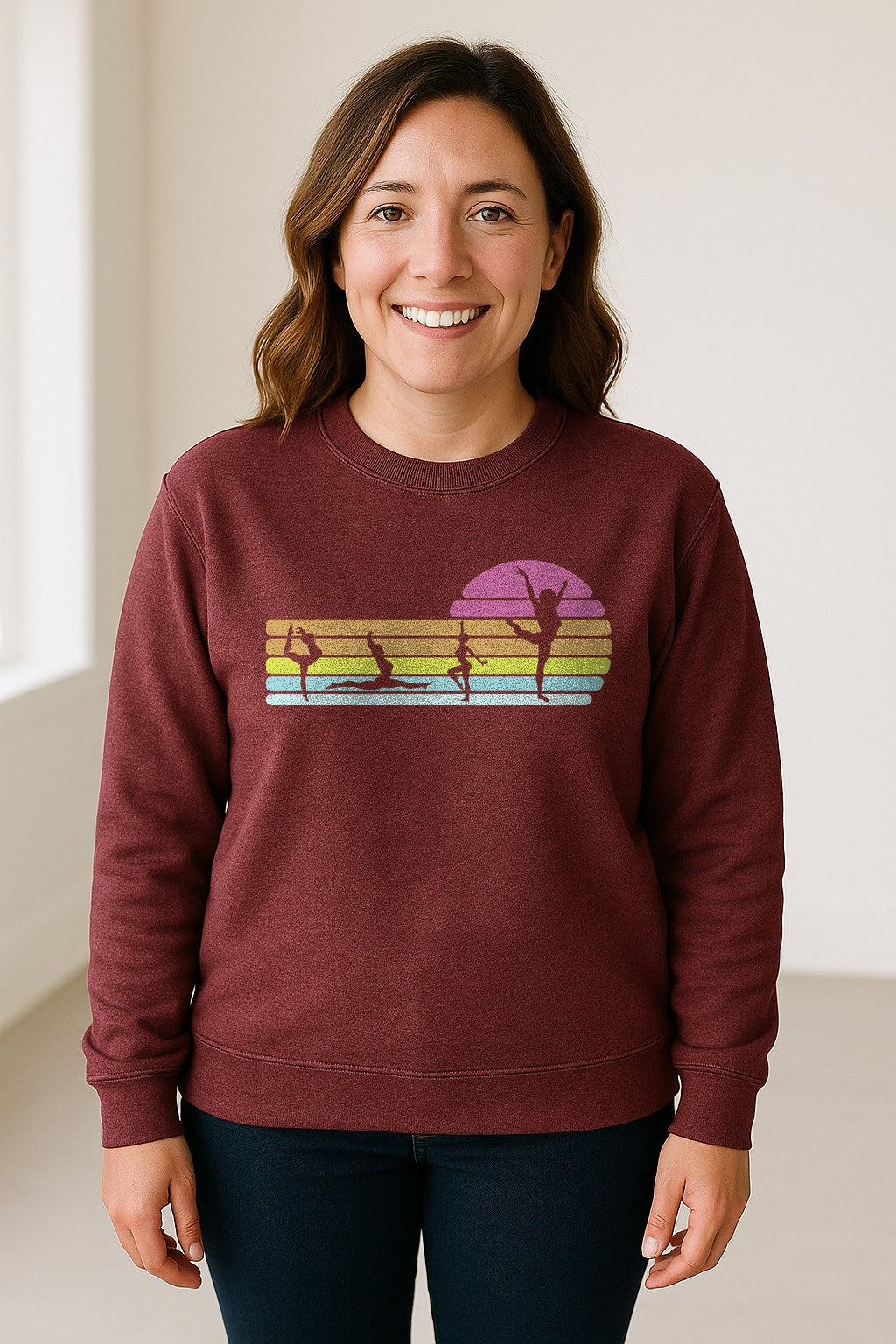 Gymnastics Sweatshirt, Retro Sunset Silhouette Design for Gymnasts and Coaches