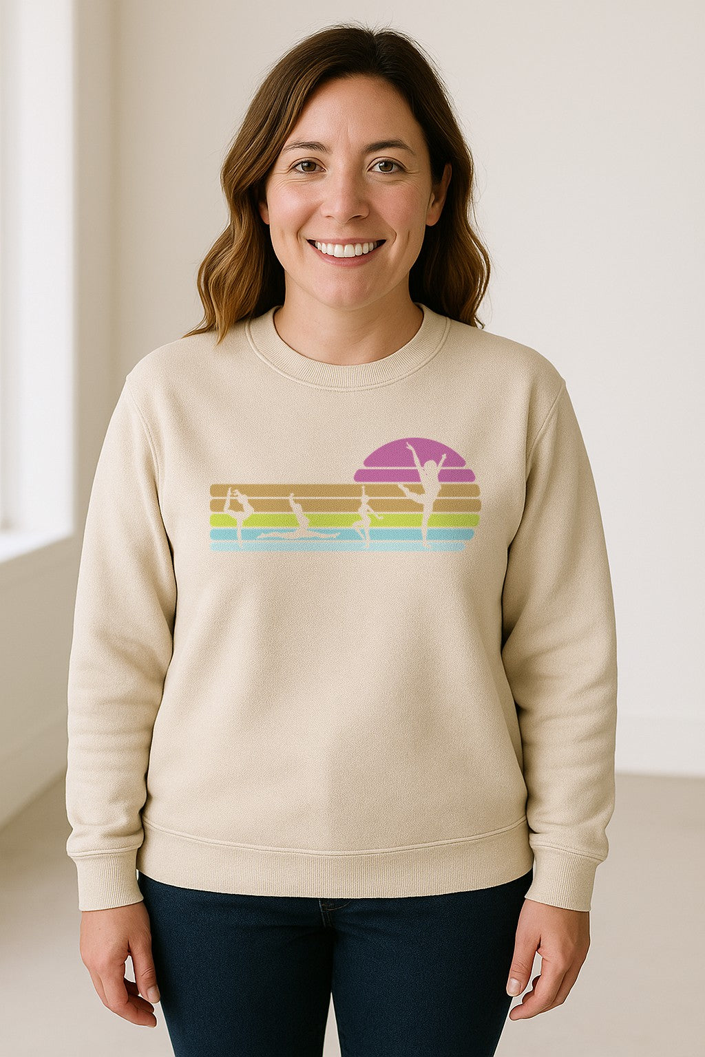 Gymnastics Sweatshirt, Retro Sunset Silhouette Design for Gymnasts and Coaches