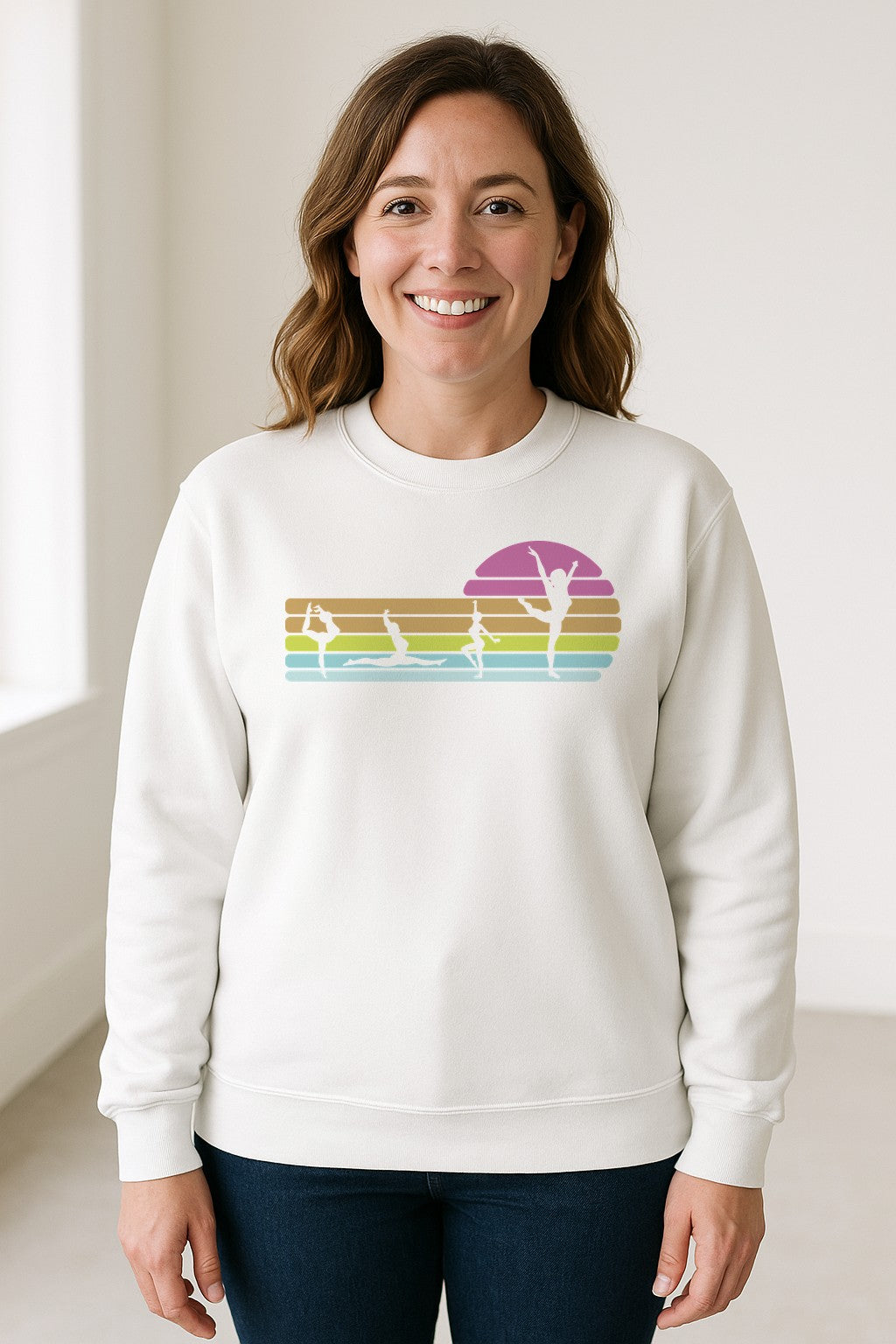 Gymnastics Sweatshirt, Retro Sunset Silhouette Design for Gymnasts and Coaches