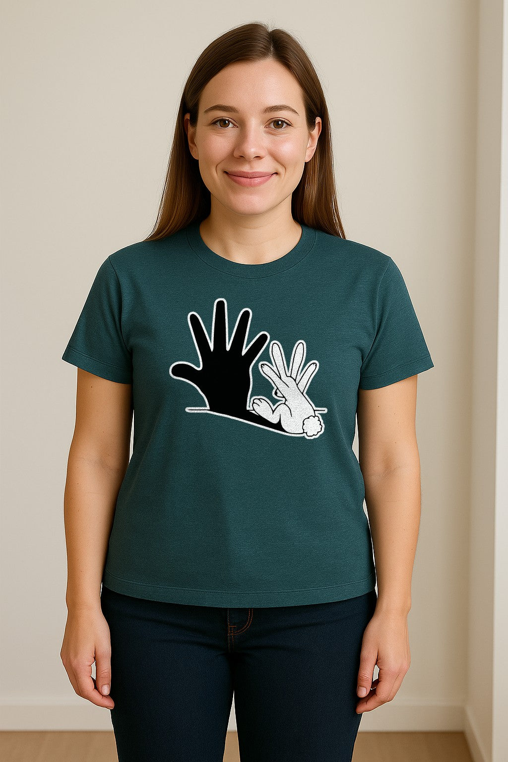 Rabbit Shadow T-Shirt, Hand Gesture Bunny Silhouette Graphic for Animal Lovers, Easter and Birthday Gifts