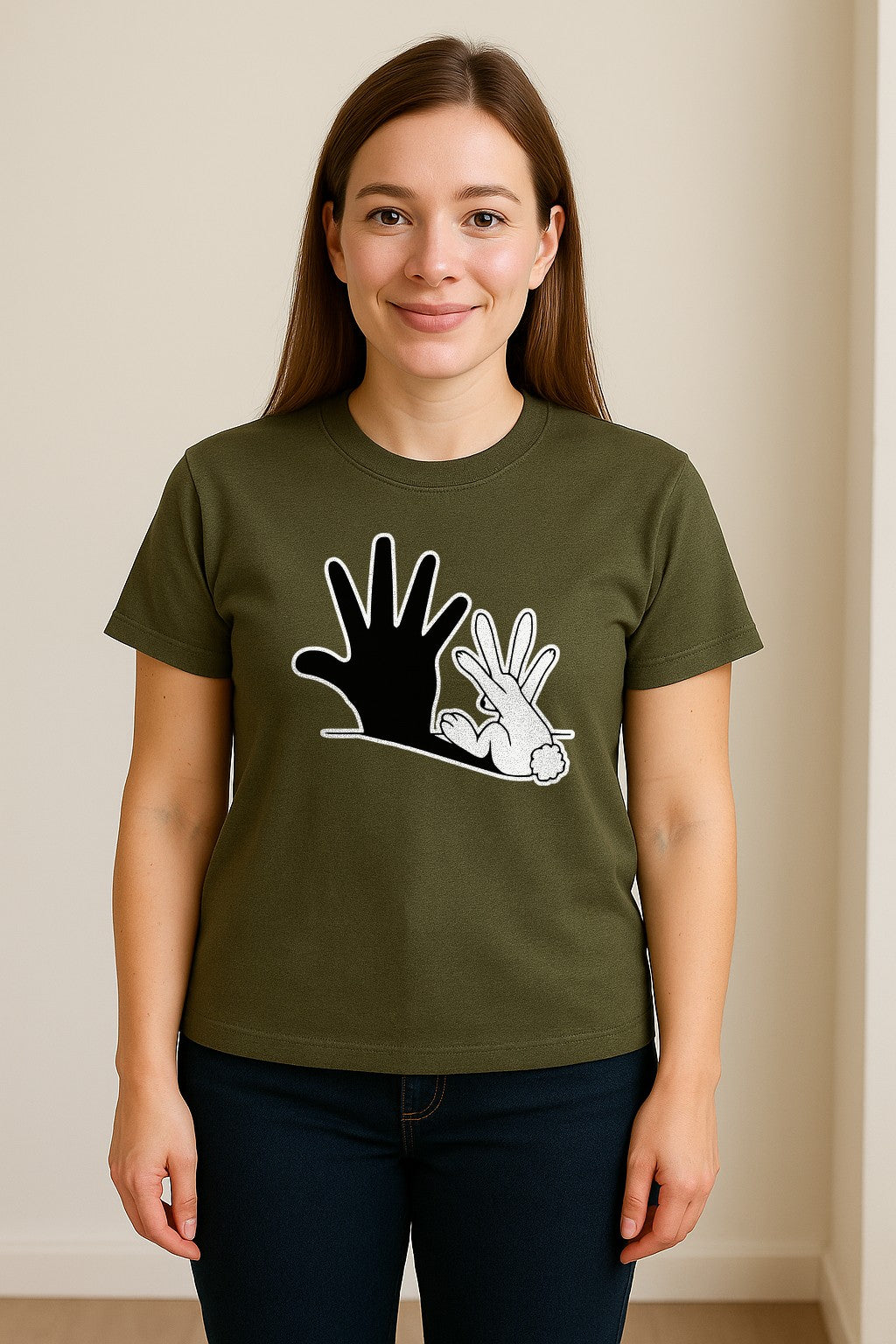 Rabbit Shadow T-Shirt, Hand Gesture Bunny Silhouette Graphic for Animal Lovers, Easter and Birthday Gifts