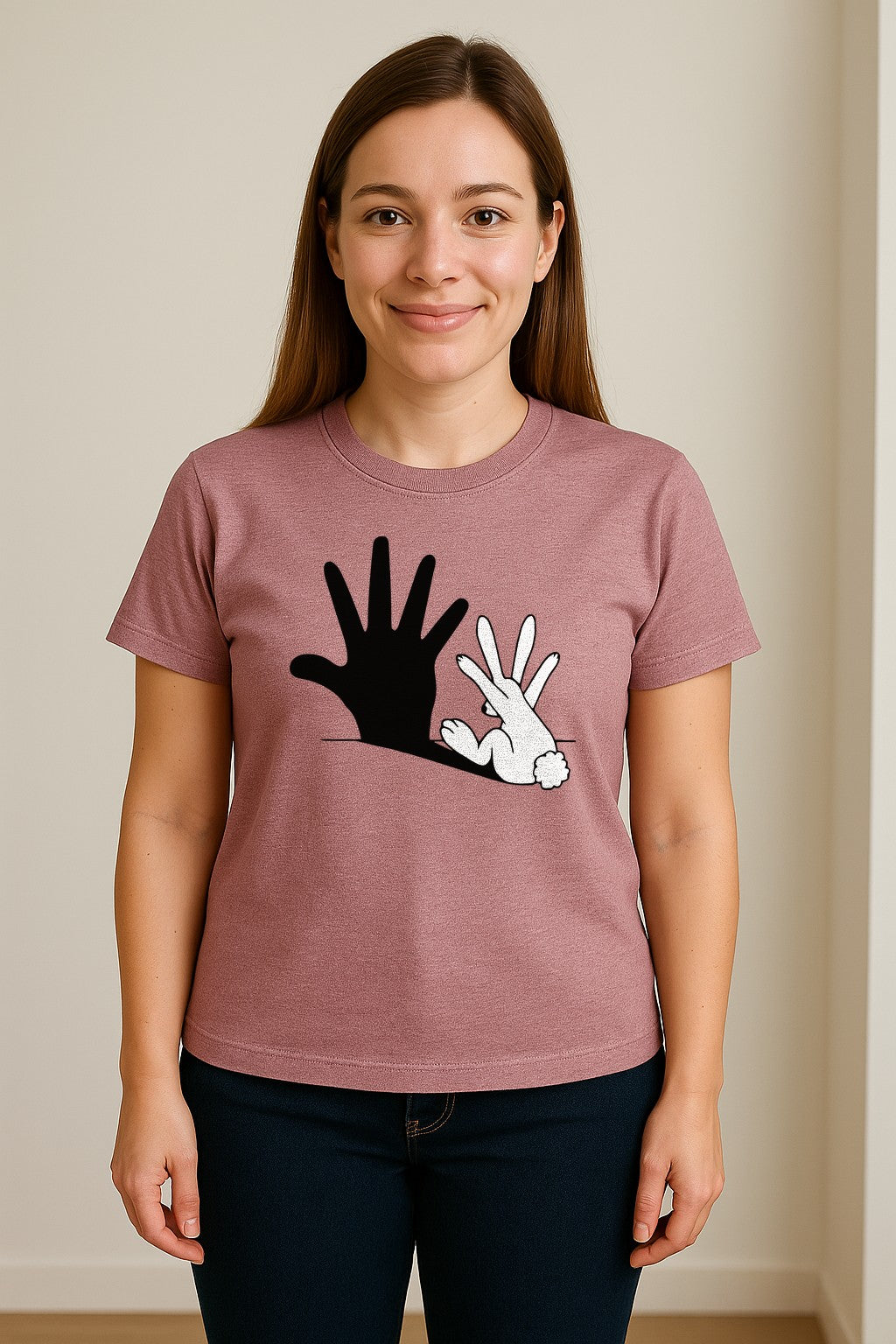 Rabbit Shadow T-Shirt, Hand Gesture Bunny Silhouette Graphic for Animal Lovers, Easter and Birthday Gifts