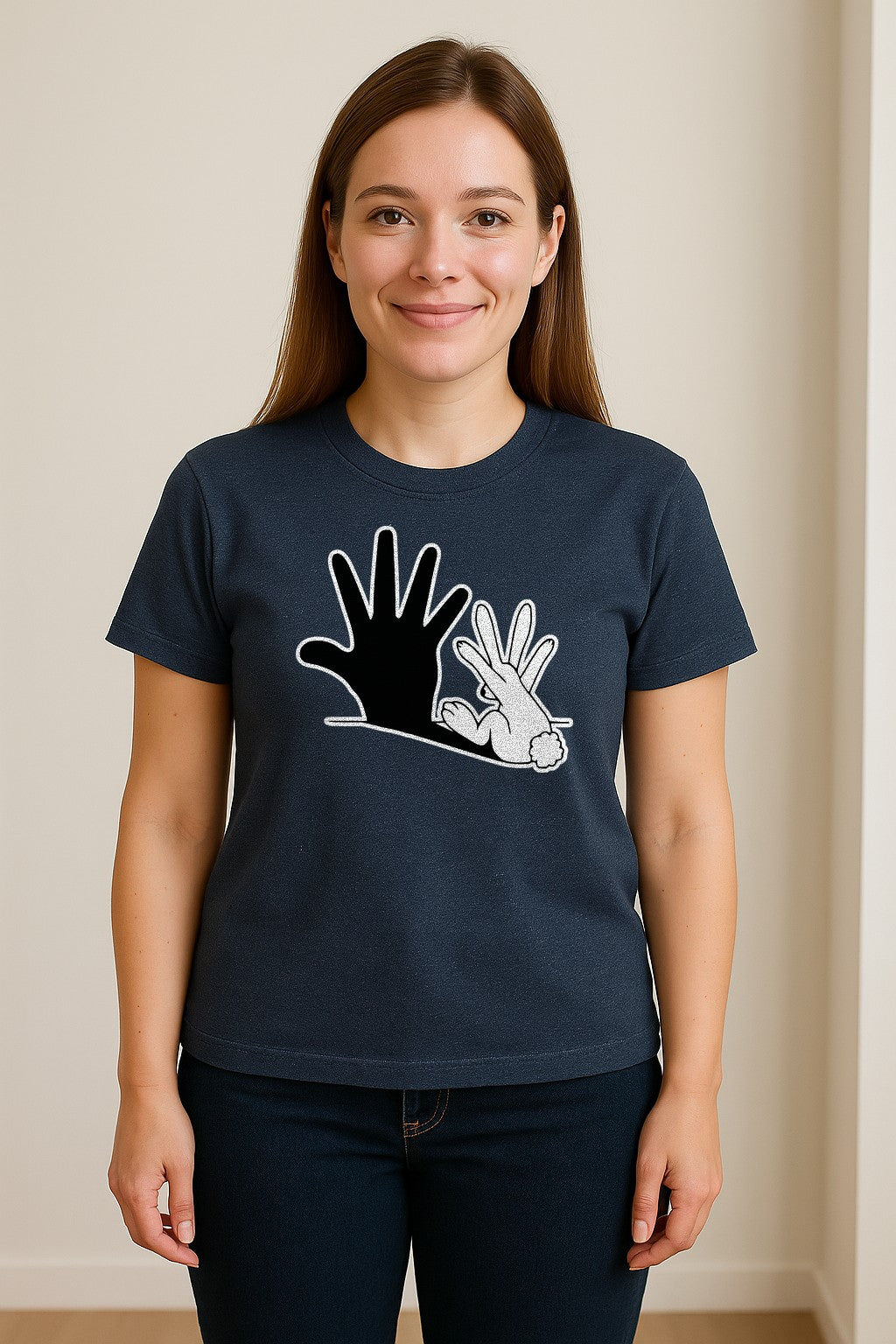 Rabbit Shadow T-Shirt, Hand Gesture Bunny Silhouette Graphic for Animal Lovers, Easter and Birthday Gifts