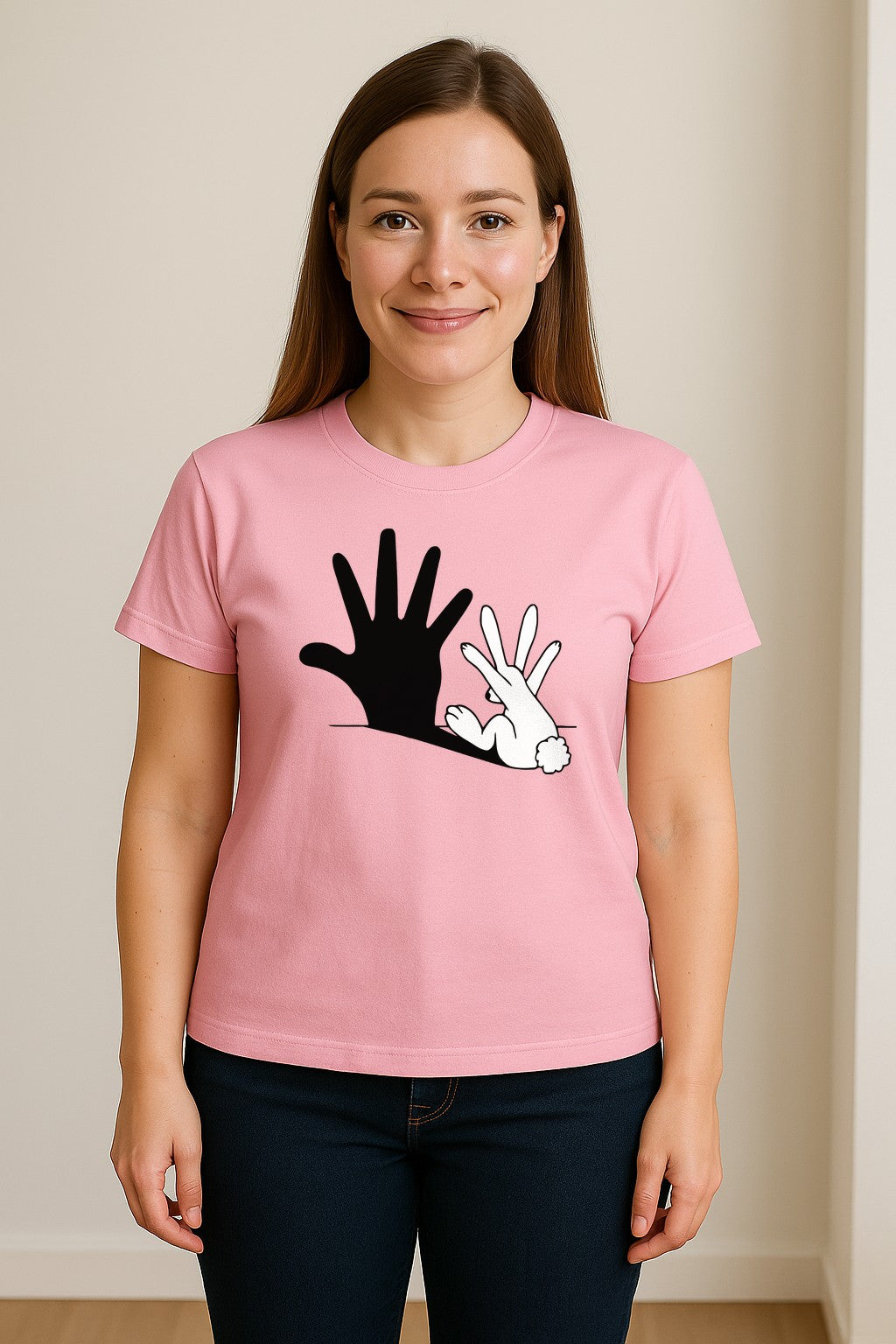 Rabbit Shadow T-Shirt, Hand Gesture Bunny Silhouette Graphic for Animal Lovers, Easter and Birthday Gifts