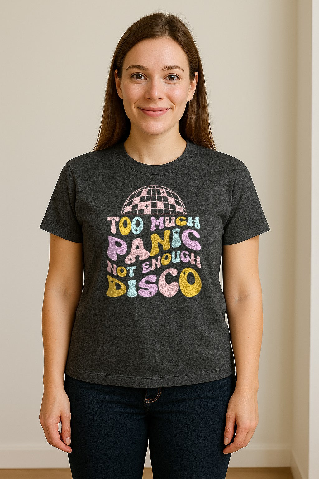 Funny Mental Health T-Shirt, Too Much Panic Not Enough Disco Graphic