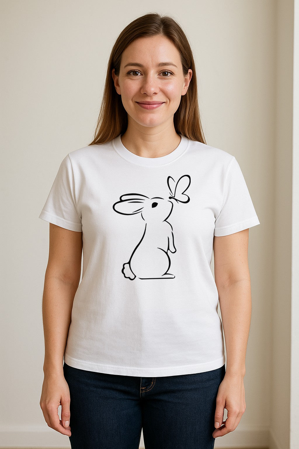 Bunny T-Shirt, Minimalist Rabbit and Butterfly Line Art for Animal Lovers