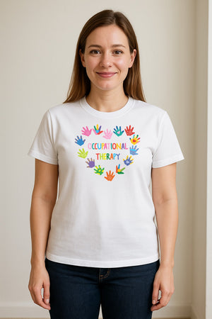 Occupational Therapy T-Shirt, Colorful Handprint Circle Design for OT Professionals