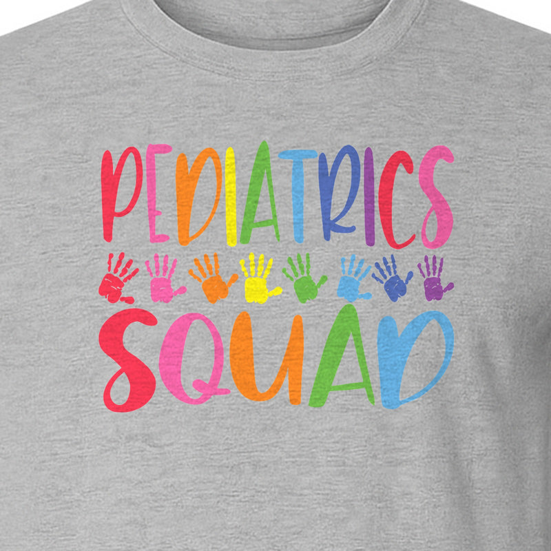 Pediatrics Squad T-Shirt, Colorful Handprint Design for Pediatric Nurses and Care Teams