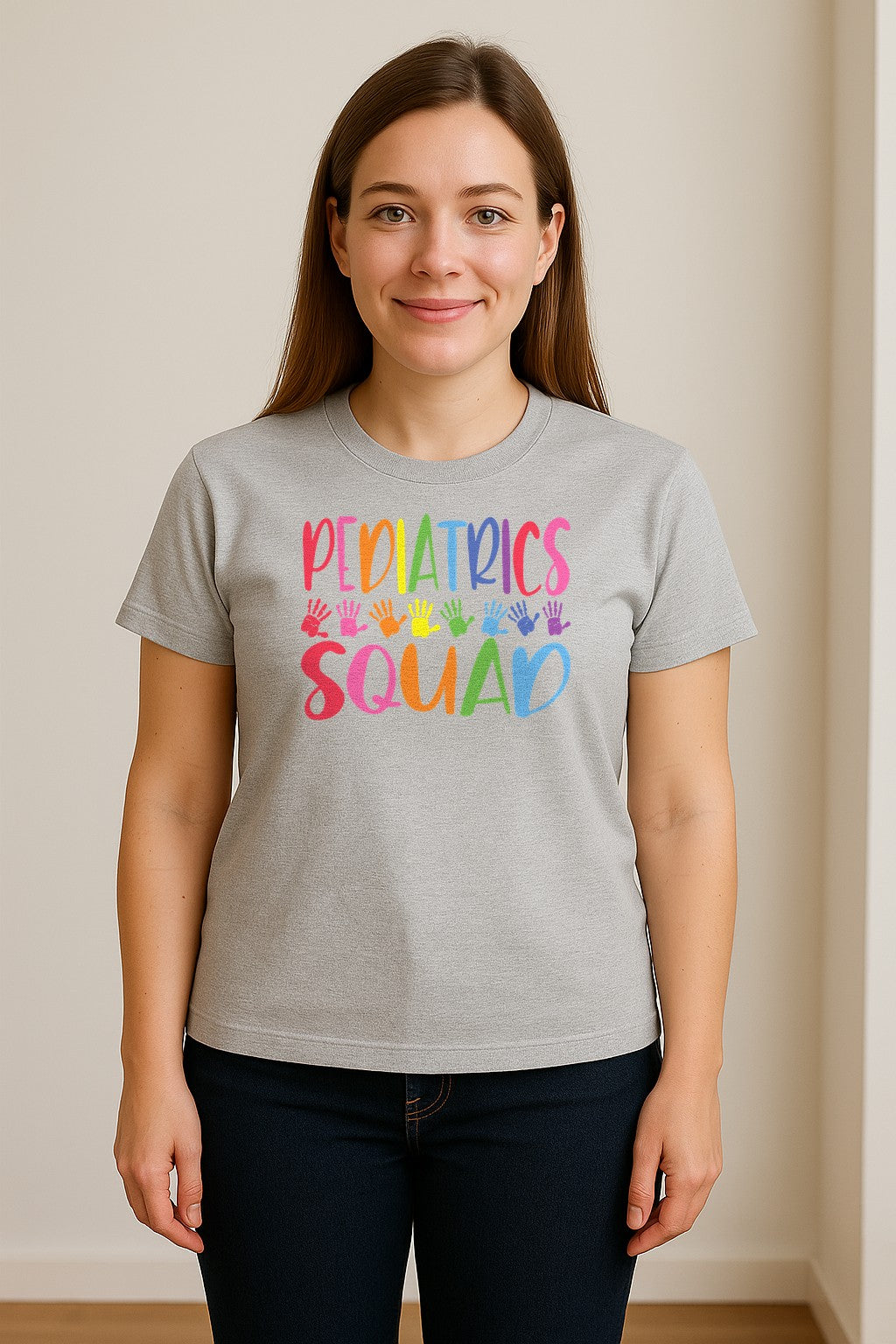 Pediatrics Squad T-Shirt, Colorful Handprint Design for Pediatric Nurses and Care Teams