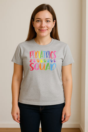 Pediatrics Squad T-Shirt, Colorful Handprint Design for Pediatric Nurses and Care Teams