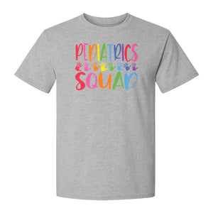 Pediatrics Squad T-Shirt, Colorful Handprint Design for Pediatric Nurses and Care Teams