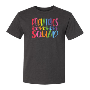 Pediatrics Squad T-Shirt, Colorful Handprint Design for Pediatric Nurses and Care Teams