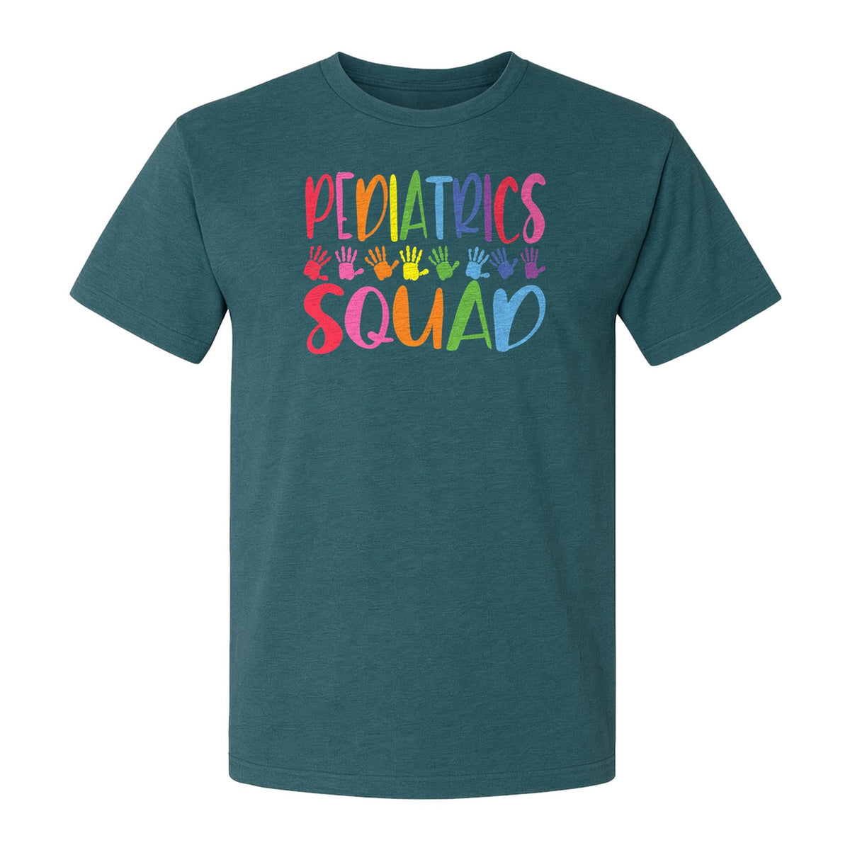 Pediatrics Squad T-Shirt, Colorful Handprint Design for Pediatric Nurses and Care Teams