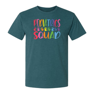 Pediatrics Squad T-Shirt, Colorful Handprint Design for Pediatric Nurses and Care Teams