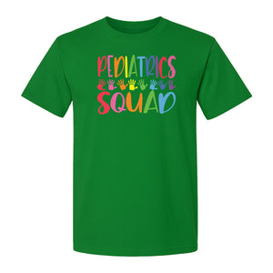 Pediatrics Squad T-Shirt, Colorful Handprint Design for Pediatric Nurses and Care Teams