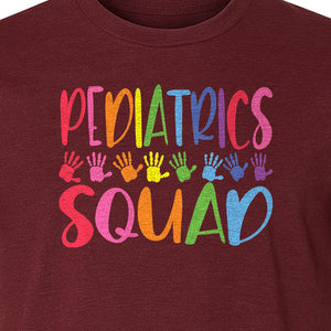 Pediatrics Squad T-Shirt, Colorful Handprint Design for Pediatric Nurses and Care Teams