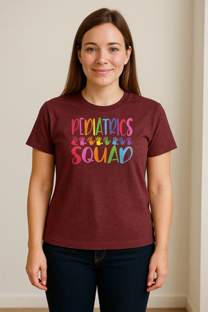 Pediatrics Squad T-Shirt, Colorful Handprint Design for Pediatric Nurses and Care Teams