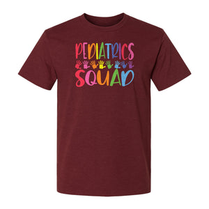 Pediatrics Squad T-Shirt, Colorful Handprint Design for Pediatric Nurses and Care Teams