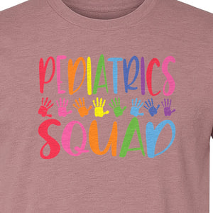 Pediatrics Squad T-Shirt, Colorful Handprint Design for Pediatric Nurses and Care Teams
