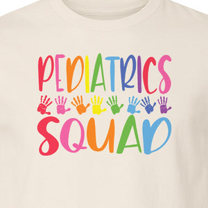 Pediatrics Squad T-Shirt, Colorful Handprint Design for Pediatric Nurses and Care Teams