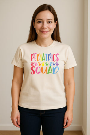 Pediatrics Squad T-Shirt, Colorful Handprint Design for Pediatric Nurses and Care Teams