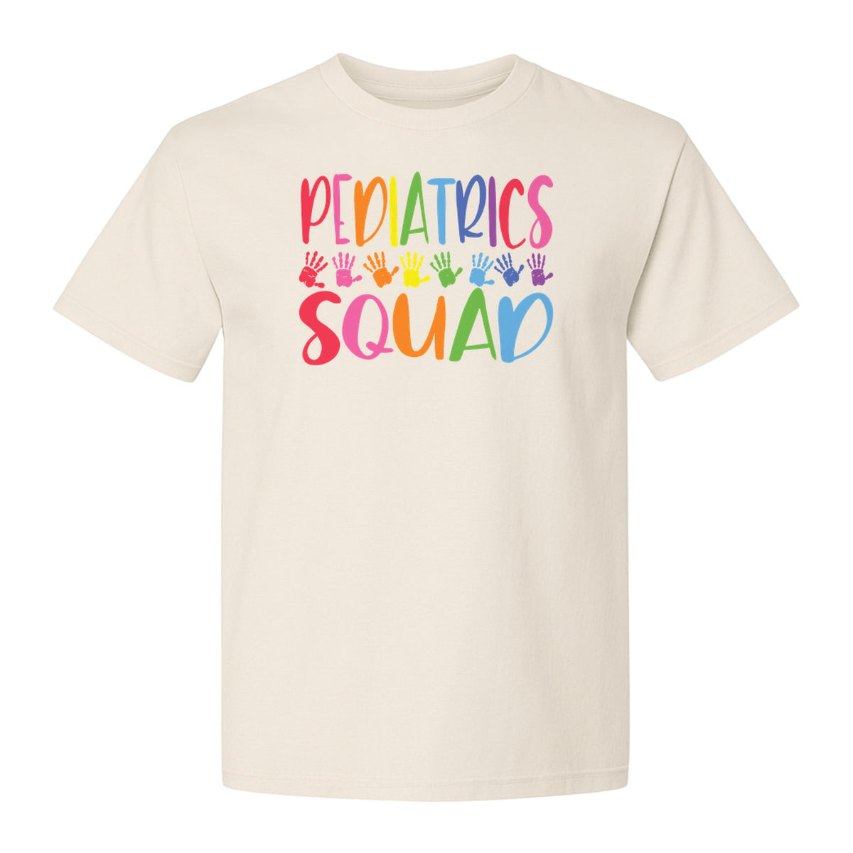 Pediatrics Squad T-Shirt, Colorful Handprint Design for Pediatric Nurses and Care Teams