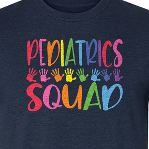 Pediatrics Squad T-Shirt, Colorful Handprint Design for Pediatric Nurses and Care Teams