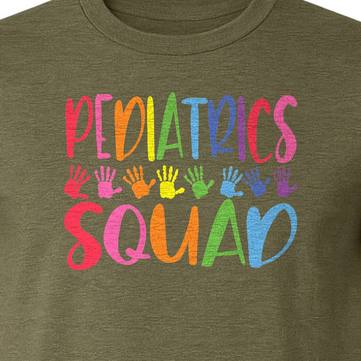 Pediatrics Squad T-Shirt, Colorful Handprint Design for Pediatric Nurses and Care Teams