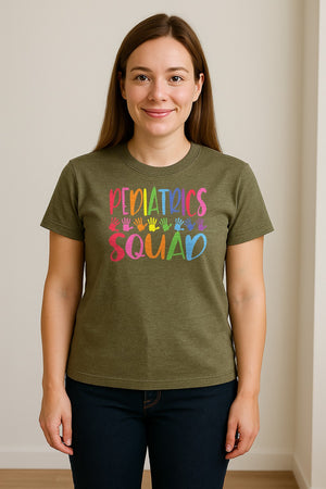 Pediatrics Squad T-Shirt, Colorful Handprint Design for Pediatric Nurses and Care Teams