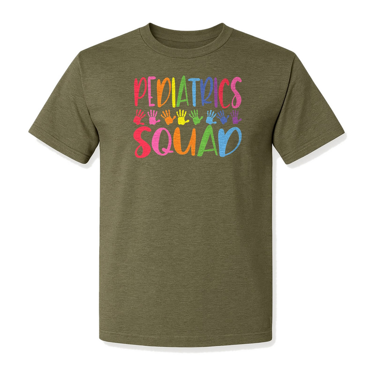 Pediatrics Squad T-Shirt, Colorful Handprint Design for Pediatric Nurses and Care Teams