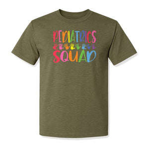 Pediatrics Squad T-Shirt, Colorful Handprint Design for Pediatric Nurses and Care Teams