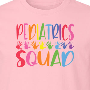 Pediatrics Squad T-Shirt, Colorful Handprint Design for Pediatric Nurses and Care Teams