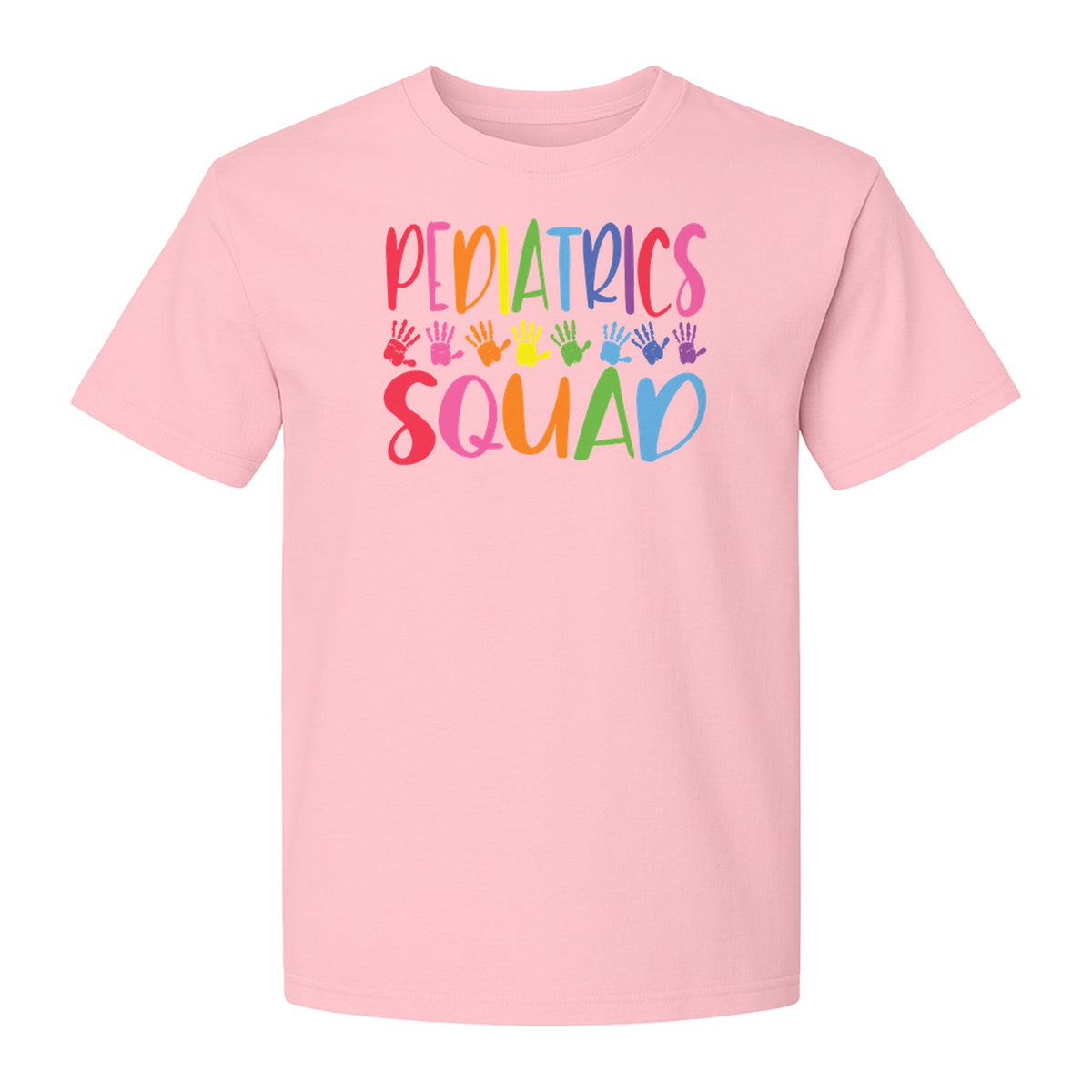 Pediatrics Squad T-Shirt, Colorful Handprint Design for Pediatric Nurses and Care Teams