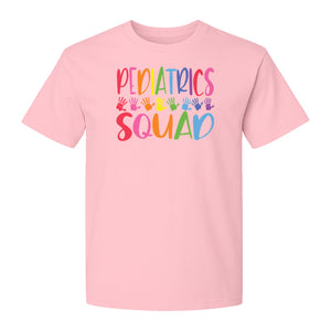 Pediatrics Squad T-Shirt, Colorful Handprint Design for Pediatric Nurses and Care Teams