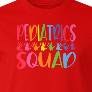 Pediatrics Squad T-Shirt, Colorful Handprint Design for Pediatric Nurses and Care Teams