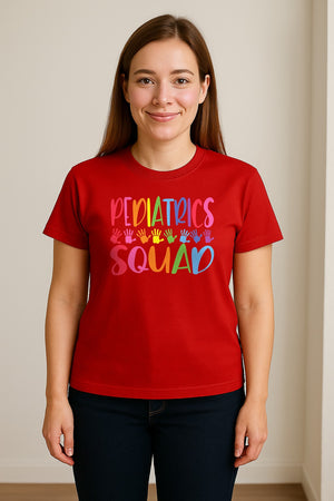 Pediatrics Squad T-Shirt, Colorful Handprint Design for Pediatric Nurses and Care Teams