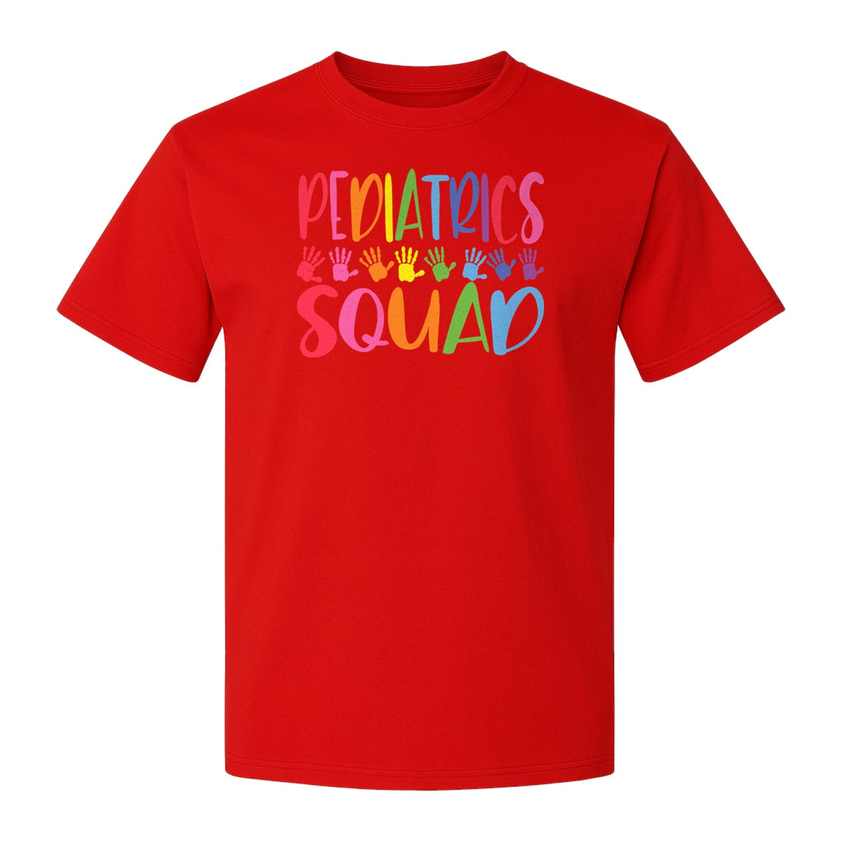 Pediatrics Squad T-Shirt, Colorful Handprint Design for Pediatric Nurses and Care Teams