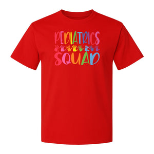Pediatrics Squad T-Shirt, Colorful Handprint Design for Pediatric Nurses and Care Teams